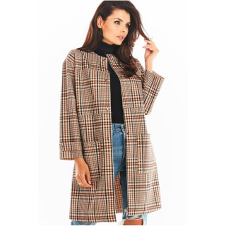 Karirasti ženski plašč rjave barve brez ovratnika