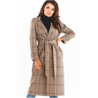 Rjav dolg karirast plašč s pasom za ženske