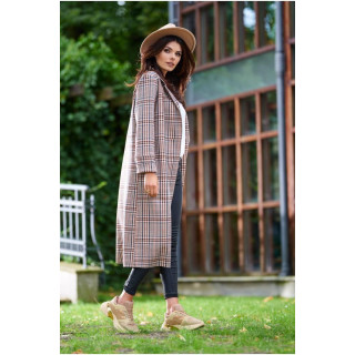 Rjav dolg karirast plašč s pasom za ženske