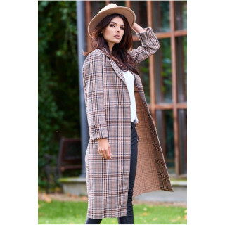 Rjav dolg karirast plašč s pasom za ženske