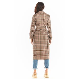 Rjav dolg karirast plašč s pasom za ženske