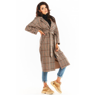 Rjav dolg karirast plašč s pasom za ženske