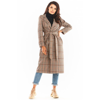 Rjav dolg karirast plašč s pasom za ženske