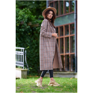 Rjav dolg karirast plašč s pasom za ženske