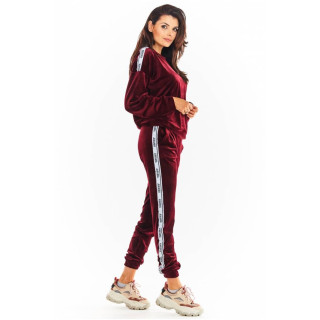 Ženske žametne trenirke s črto ob strani v bordo barvi