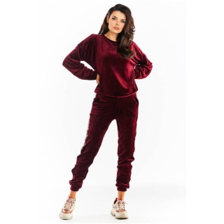 Ženske žametne trenirke s črto ob strani v bordo barvi
