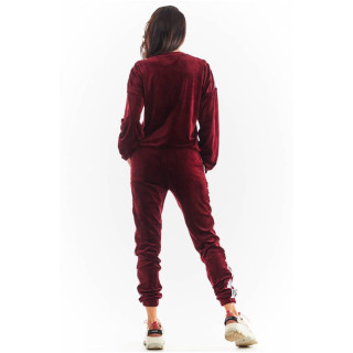 Ženske žametne trenirke s črto ob strani v bordo barvi