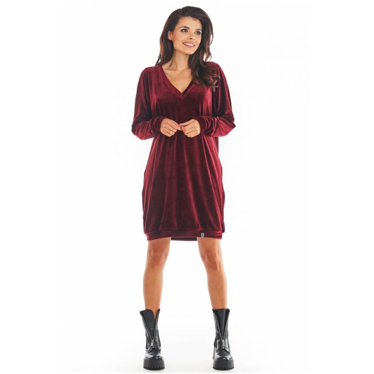Bordo ohlapna žametna obleka z v izrezom za ženske