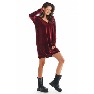 Bordo ohlapna žametna obleka z v izrezom za ženske