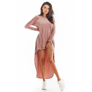 Ženska roza žametna obleka s podaljšanim hrbtom