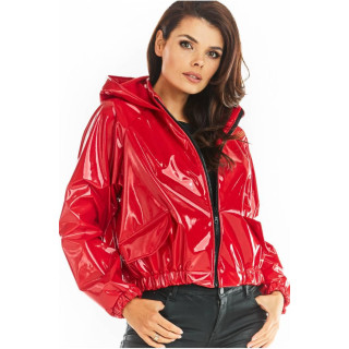 Rdeča ženska kratka jakna iz vinila s kapuco