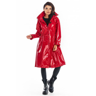 Dolga ženska rdeča vinil jakna z visokim ovratnikom