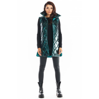 Ženski prešit telovnik z visokim ovratnikom v zeleni barvi