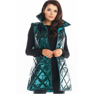 Ženski prešit telovnik z visokim ovratnikom v zeleni barvi