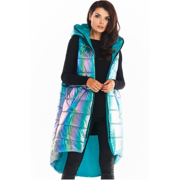 Ženski dolgi holografski telovnik s šivi v modri barvi