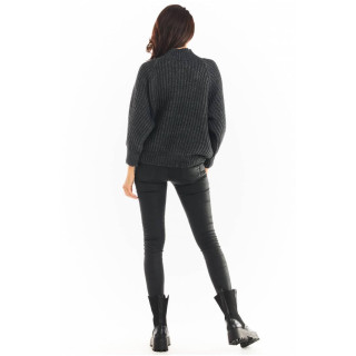 Ženski ohlapen pulover s polovičnim ovratnikom v temno sivi barvi