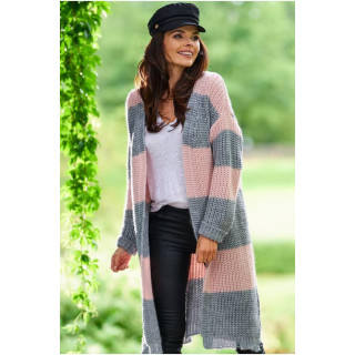 Ženska dolga jopica s pasovi v roza-sivi barvi