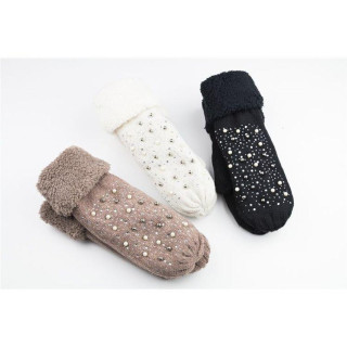 Bež tople rokavice z biseri in kamenčki za ženske