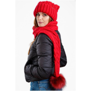 Rdeča volnena kapa s pompom šalom za ženske