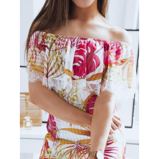 Bela ženska obleka z vzorci na ramenih