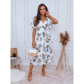 Bela ženska midi obleka s cvetličnim vzorcem