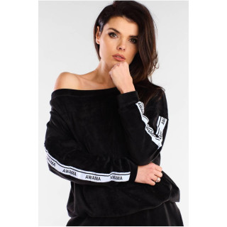 Ženski pulover iz velurja s kontrastnimi črtami v črni barvi