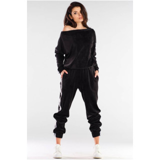 Ženske trenirke iz velurja s kontrastnimi trakovi v črni barvi