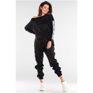 Ženske trenirke iz velurja s kontrastnimi trakovi v črni barvi