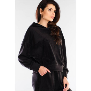 Črn ženski pulover s kapuco iz velurja