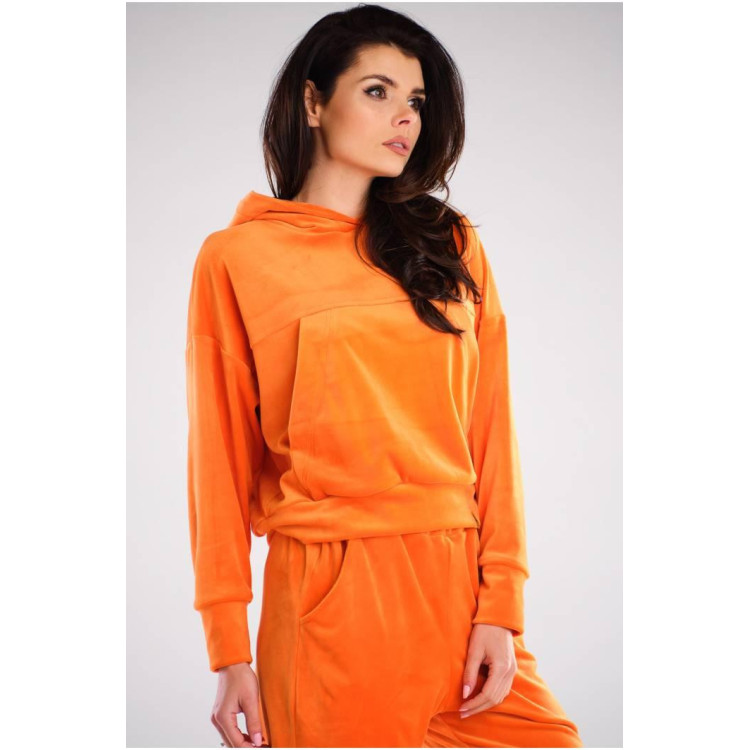 Oranžen ženski pulover s kapuco