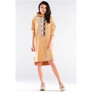 Ženska obleka iz velurja z dolgimi rokavi v bež barvi