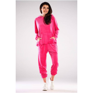 Ohlapen ženski pulover iz roza velurja s kapuco