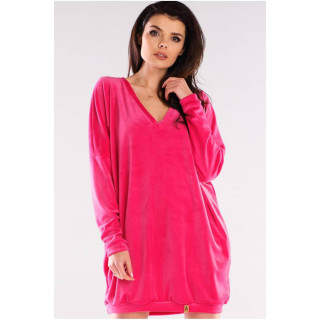 Ženska ohlapna obleka iz velurja z dolgimi rokavi v roza barvi