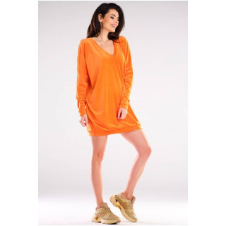 Ženska ohlapna obleka iz oranžnega velurja z dolgimi rokavi
