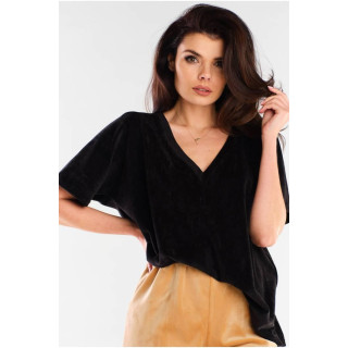 Črna ženska majica iz velurja z v izrezom