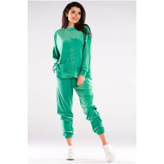 Ženske trenirke iz velurja z manšetami v zeleni barvi