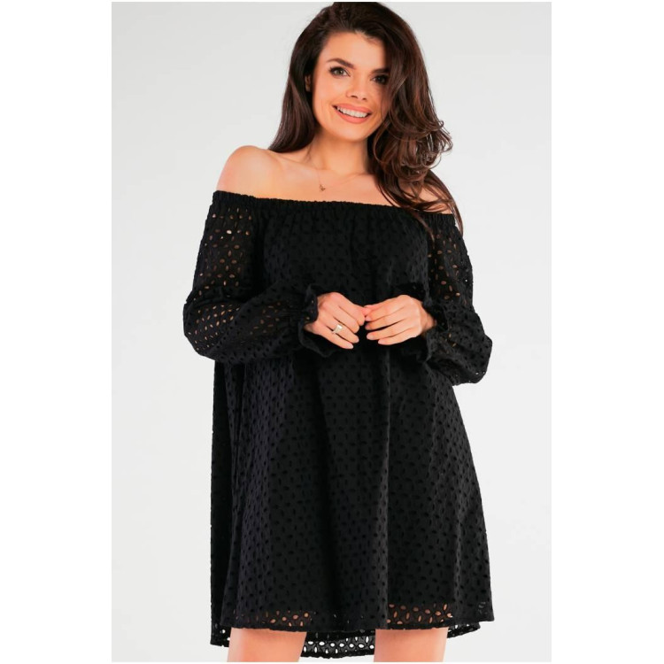 Črna odprta obleka z rokavi za ženske