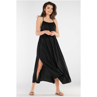 Ženska dolga poletna obleka z razporki v črni barvi
