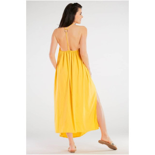 Dolga poletna ženska rumena obleka z razporki