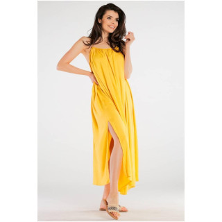 Dolga poletna ženska rumena obleka z razporki