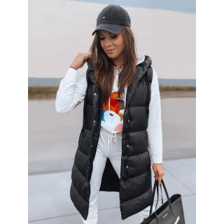 Dolg ženski črn prešit brezrokavnik s kapuco