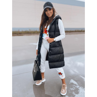 Dolg ženski črn prešit brezrokavnik s kapuco