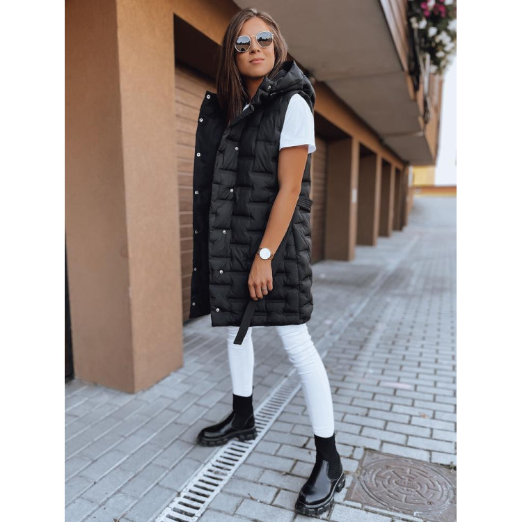 Črn dolg ženski telovnik z zavezovanjem v pasu