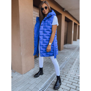 Dolg ženski prešit brezrokavnik modre barve z zavezovanjem v pasu