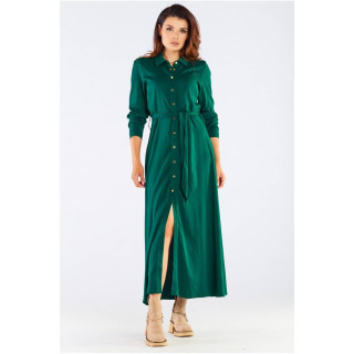 Ženska maxi obleka z gumbi in pasom v zeleni barvi
