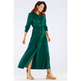 Ženska maxi obleka z gumbi in pasom v zeleni barvi