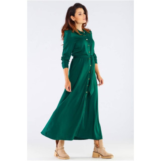 Ženska maxi obleka z gumbi in pasom v zeleni barvi