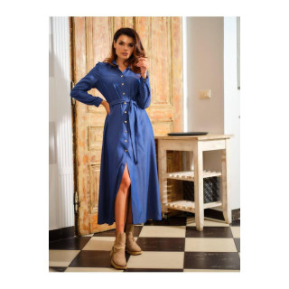 Modra maksi obleka z gumbi in pasom za ženske