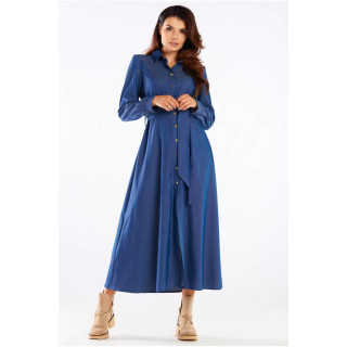 Modra maksi obleka z gumbi in pasom za ženske