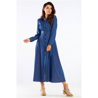 Modra maksi obleka z gumbi in pasom za ženske